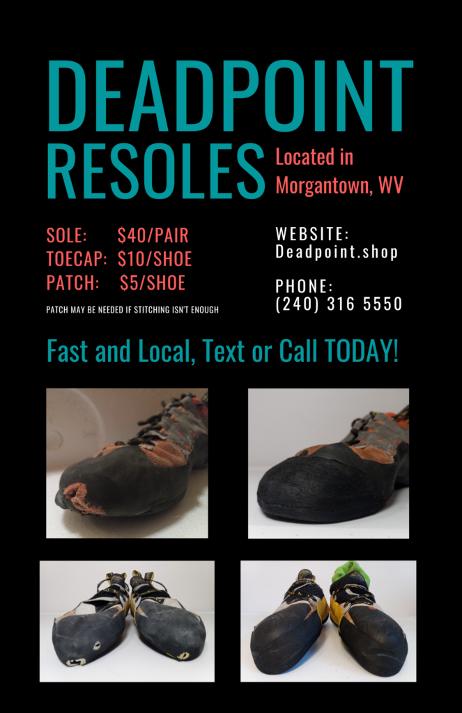 Climbing Resole pricing flyer. 40 for 1/2 sole per pair, 10 for toecap per shoe, 5 for patch to leather per shoe.